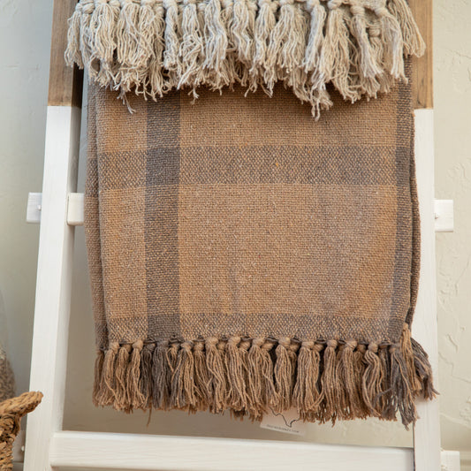 Brown Plaid Woven Throw with Tassels