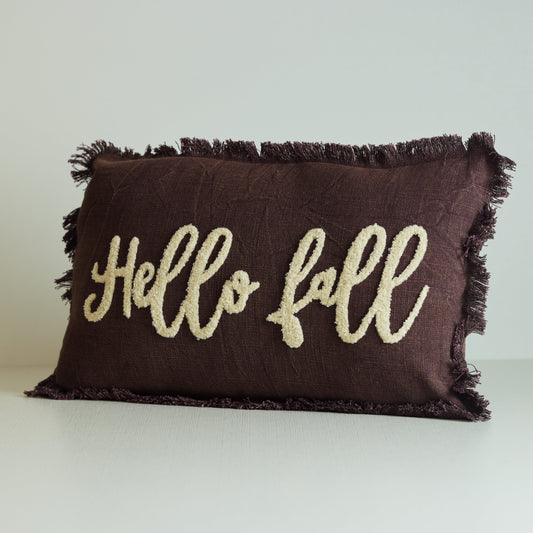 "Hello Fall" Brown Fringed Pillow
